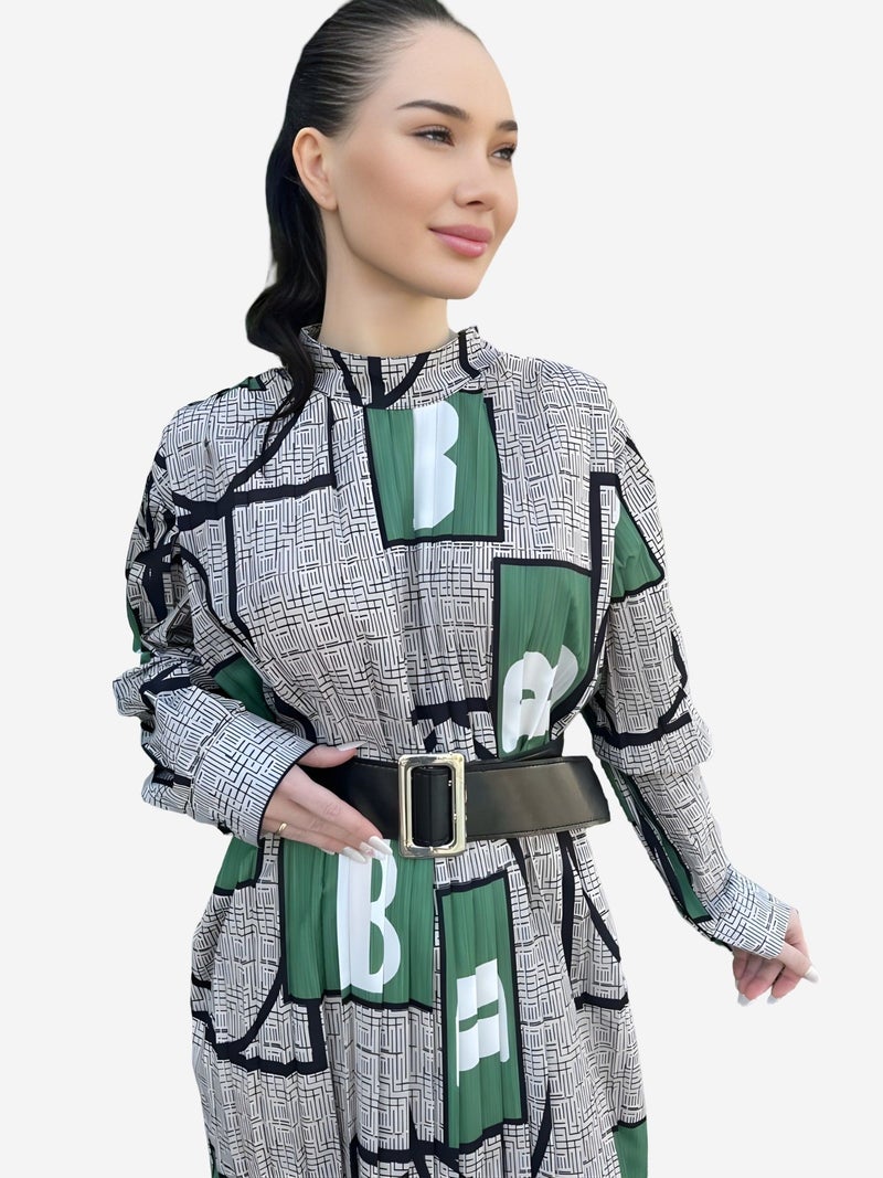 Jennyfer Geometric Print Belted Maxi Dress with Mandarin Collar - Image 2