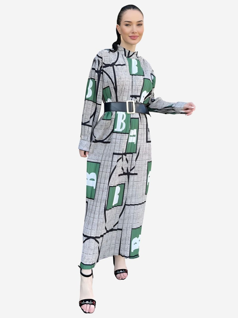Jennyfer Geometric Print Belted Maxi Dress with Mandarin Collar - Image 3