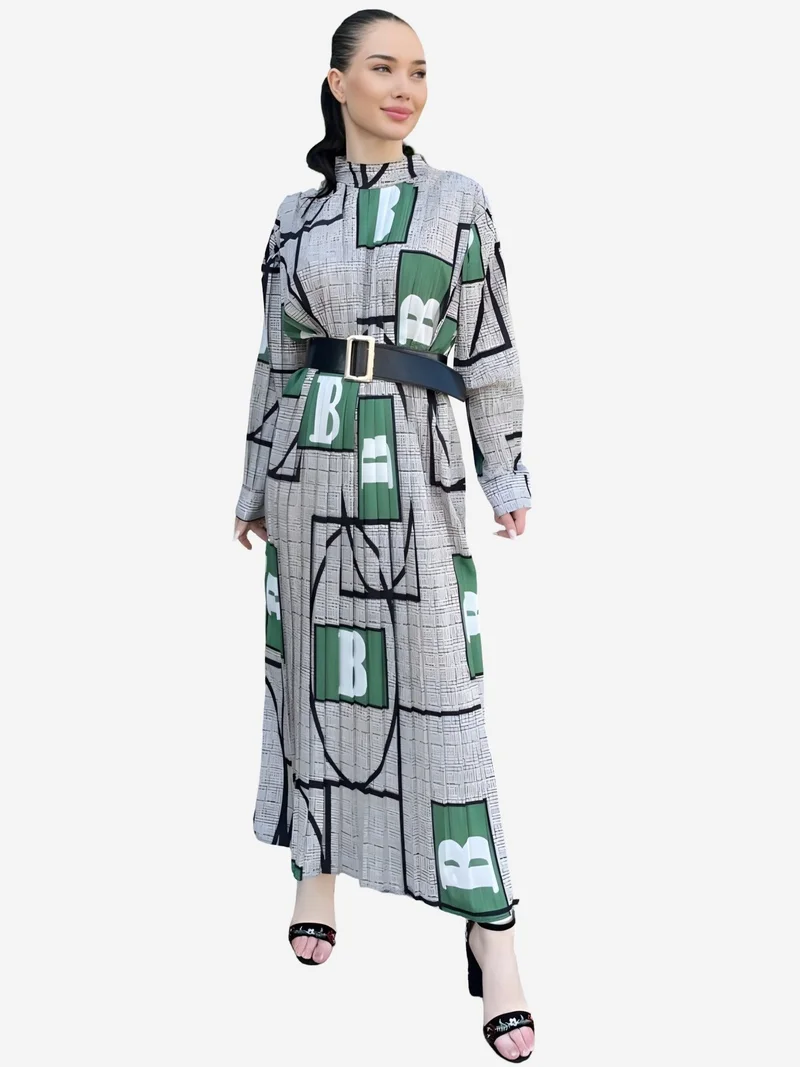 جينيفر Geometric Print Belted Maxi Dress with Mandarin Collar