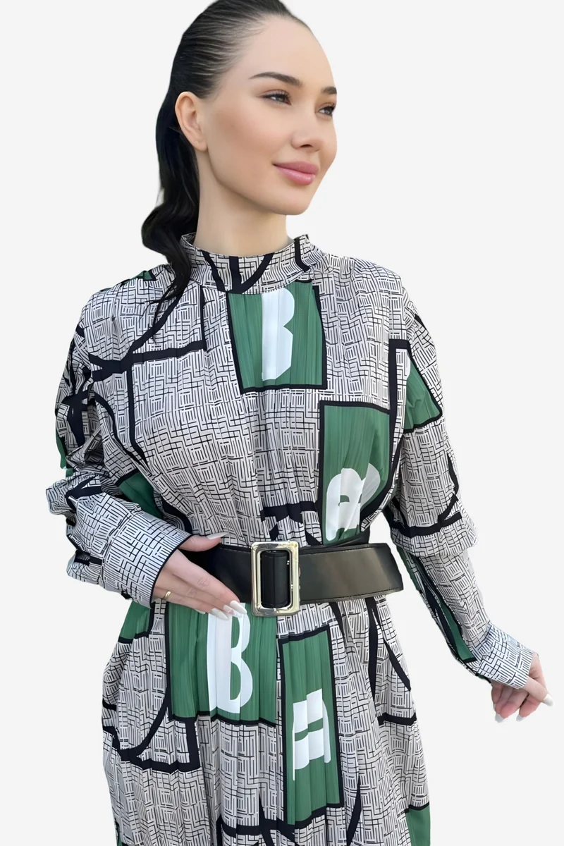 جينيفر Geometric Print Belted Maxi Dress with Mandarin Collar