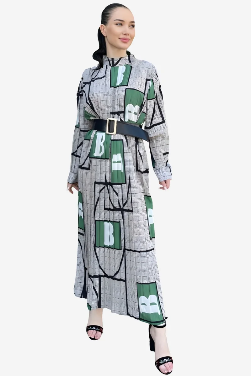 جينيفر Geometric Print Belted Maxi Dress with Mandarin Collar