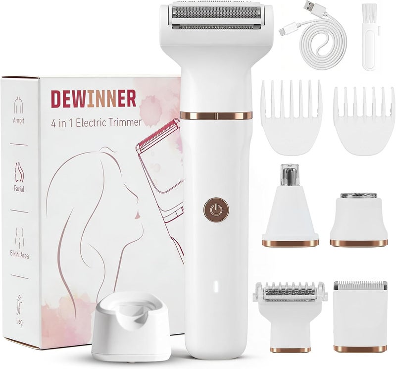 ديوينر DEWINNER ماكينة حلاقة كهربائية 4 في 1 للنساء، مقص للمناطق الحساسة مثل الجسم والوجه وتحت الإبطين وشعر الأنف، سرعة 8000 دورة في الدقيقة، مقاومة للماء (معيار IPX7)، ماكينة حلاقة كهربائية قابلة لإعادة الشحن، هدية مثالية. - Image 1