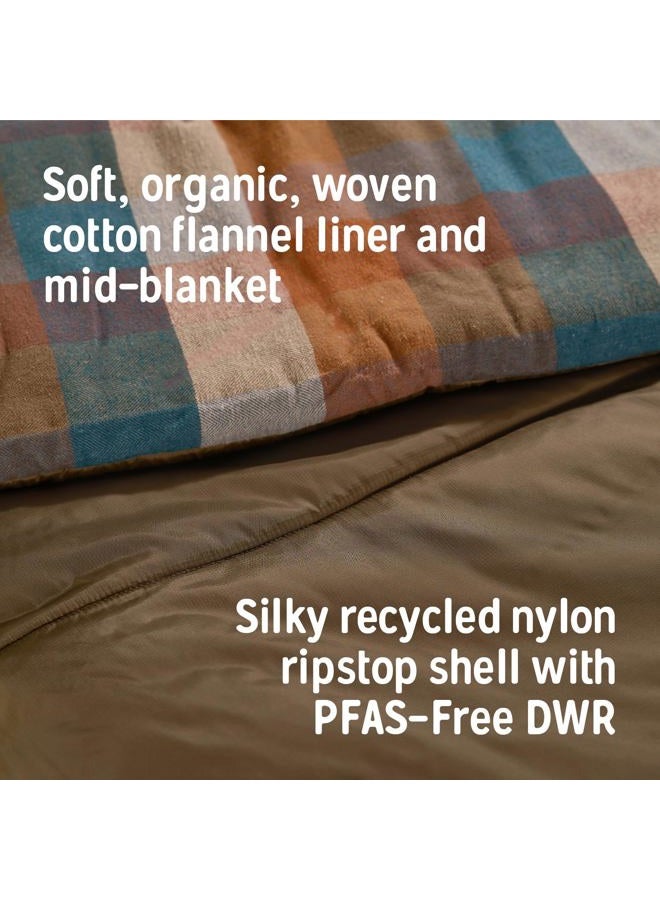 Kelty Wayback Flannel Lined Sleeping Bag, Built in Blanket, Traditional Rectangle Shape, Organic Flannel Cotton Liner, Dual Locking Slide Zips (Reflecting Pond) - Image 4
