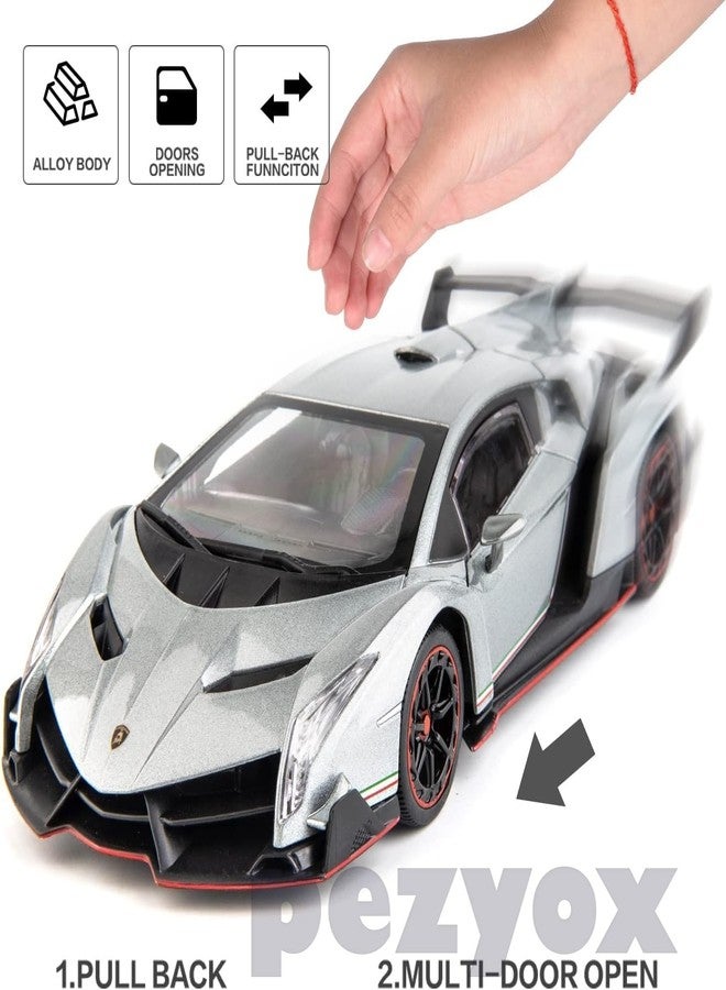PEZYOX Diecast Car for Lambo Veneno Model Car 1/24 Scale Sports Toy Vehicle Door Can be Opened Toy Car Front Wheel Steerable (Gray) - Image 2