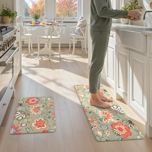 LEEVAN Anti Fatigue Mats for Kitchen Floor 2 Piece,Cushioned Memory Foam Green Kitchen Mats for Floor,Comfort Floral Boho Non Slip Kitchen Floor Mat for Sink,Laundry,Office(17''x29''+17''x47'') - Image 5