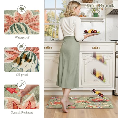 LEEVAN Anti Fatigue Mats for Kitchen Floor 2 Piece,Cushioned Memory Foam Green Kitchen Mats for Floor,Comfort Floral Boho Non Slip Kitchen Floor Mat for Sink,Laundry,Office(17''x29''+17''x47'') - Image 3