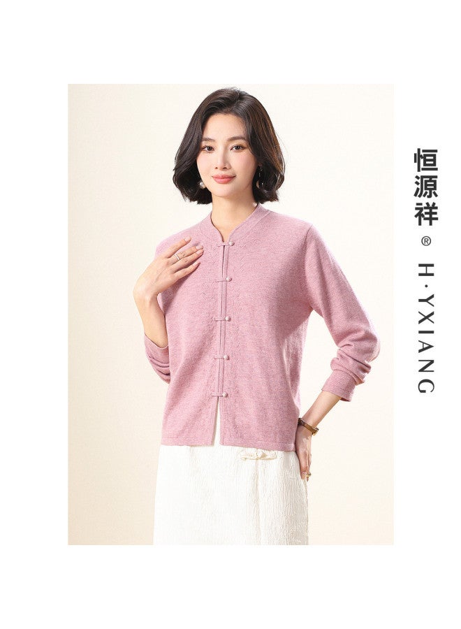 Hengyuanxiang New Chinese-Style Qipao Collar [Pure Wool] Traditional Chinese Frog Closure Cardigan For Mothers, Mid-Age And Elderly Knitted Coat - Image 5