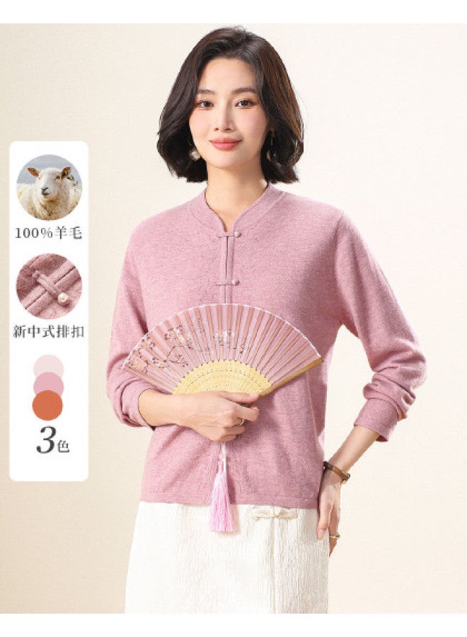 Hengyuanxiang New Chinese-Style Qipao Collar [Pure Wool] Traditional Chinese Frog Closure Cardigan For Mothers, Mid-Age And Elderly Knitted Coat - Image 1