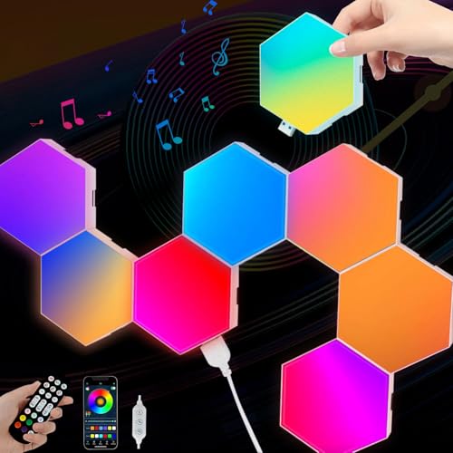 Vcwtty Hexagon Lights Wall Panels, Smart LED Wall Lights with APP, DIY Modular Assembled Music Sync RGB Gaming, Hex Light with USB-Power for Autism, Game Room Decor, Party (6-Pack) - Image 1