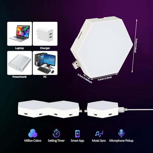 Vcwtty Hexagon Lights Wall Panels, Smart LED Wall Lights with APP, DIY Modular Assembled Music Sync RGB Gaming, Hex Light with USB-Power for Autism, Game Room Decor, Party (6-Pack) - Image 5