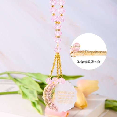 Ohmique Ayatul Kursi for Car - Islamic Car Hanging, Pink Gold Islamic Travel Dua Rear Mirror Charm Accessories, Allah Quran Turkish Prayer Mirror Hanger, Muslim Crystal Beads Hanging Gifts for Women (Pink) - Image 3