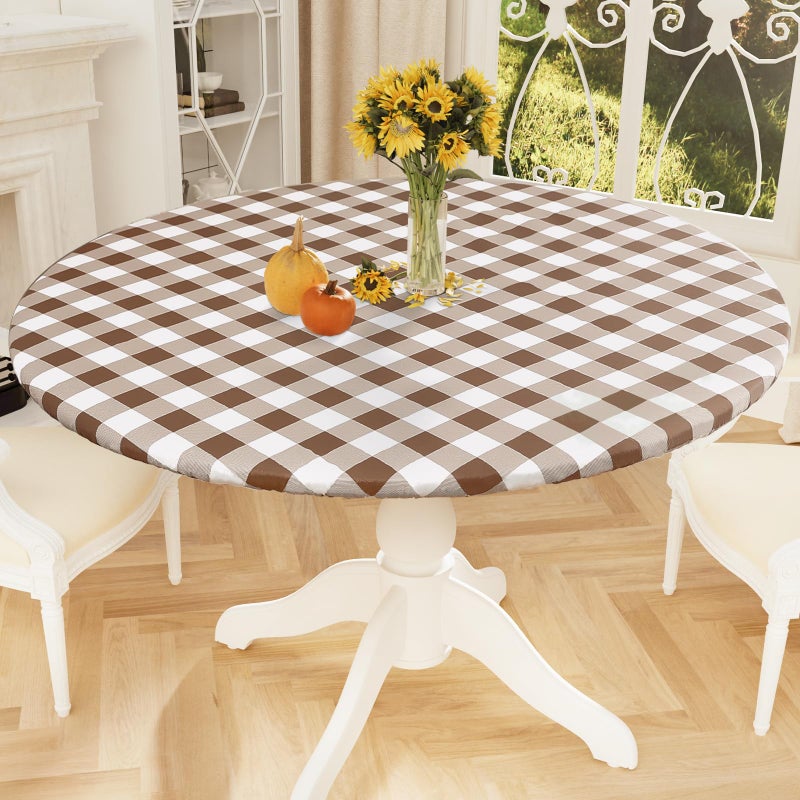Smiry Round Picnic Tablecloth Elastic Waterproof Fitted Vinyl Tablecloths for 3644 Tables Flannel Backed Buffalo Plaid Table Cover for Dining Camping Outdoor White and Brown