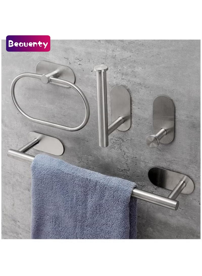 Beauenty 4 Piece Bathroom Hardware Set, Self-Adhesive Bathroom Accessories Sets, Stainless Steel Bath Towel Bar Set Include Towel Rack Wall Mounted, Toilet Paper Holder, Towel Ring, Robe Towel Hook(Silver) - Image 1