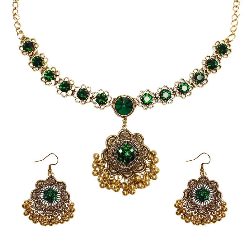 CZMZHFC Indian Jewelry Sets for Women,Oxidized Temple Jewelry,Bollywood Style Flower Ball Pendant Necklace,Jhumka Flower Ball Dangle Earrings,Dainty Wedding Jewelry,Ethnic Traditional Bridal Gifts for Women - Image 1