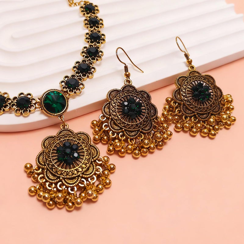 CZMZHFC Indian Jewelry Sets for Women,Oxidized Temple Jewelry,Bollywood Style Flower Ball Pendant Necklace,Jhumka Flower Ball Dangle Earrings,Dainty Wedding Jewelry,Ethnic Traditional Bridal Gifts for Women - Image 4