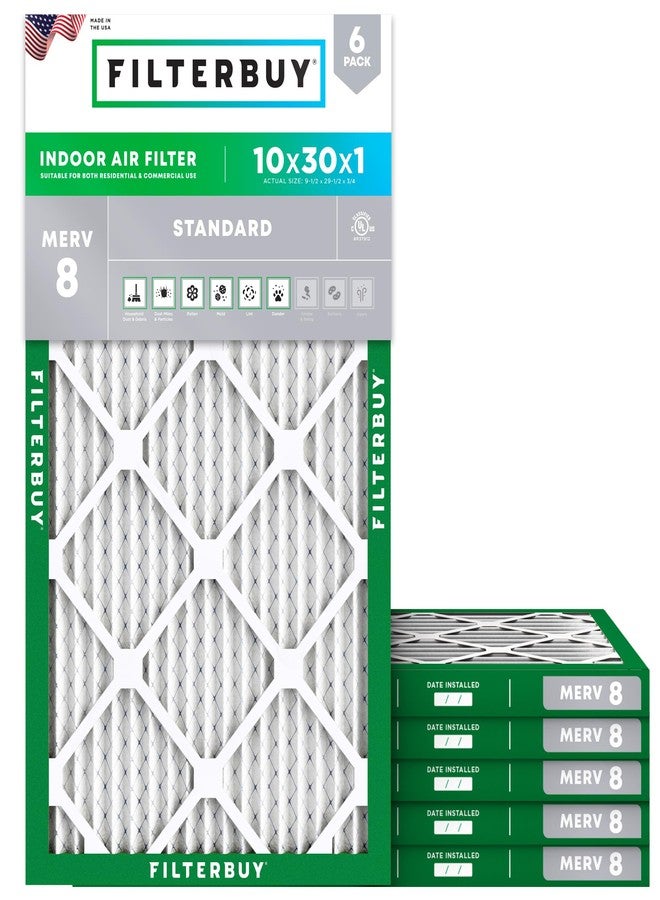 Filterbuy 10x30x1 Air Filter MERV 8 Dust Defense (6-Pack), Pleated HVAC AC Furnace Air Filters Replacement (Actual Size: 9.75 x 29.75 x 0.75 Inches) - Image 1