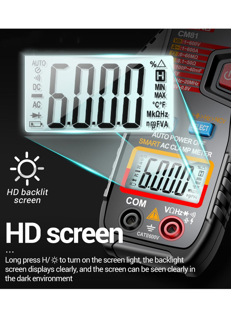 Black CM81 Smart AC Clamp Meter Multimeter with 6000 Counts Auto Range Voltmeter 600A Ammeter Resistance Meter and Flashlight - Image 4