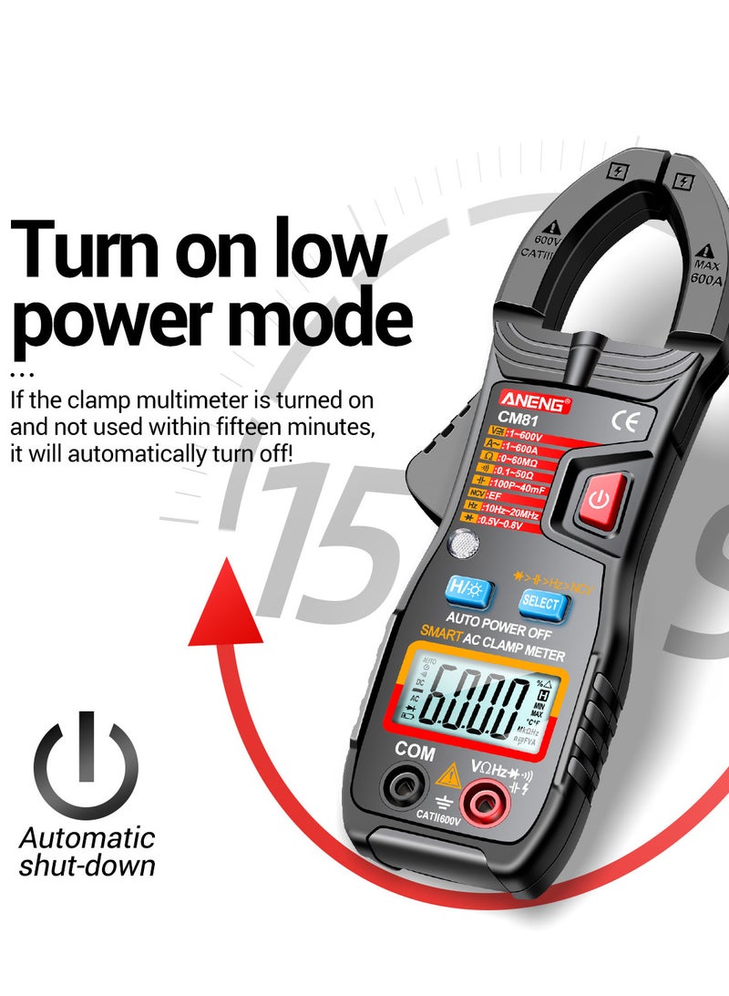 Black CM81 Smart AC Clamp Meter Multimeter with 6000 Counts Auto Range Voltmeter 600A Ammeter Resistance Meter and Flashlight - Image 5