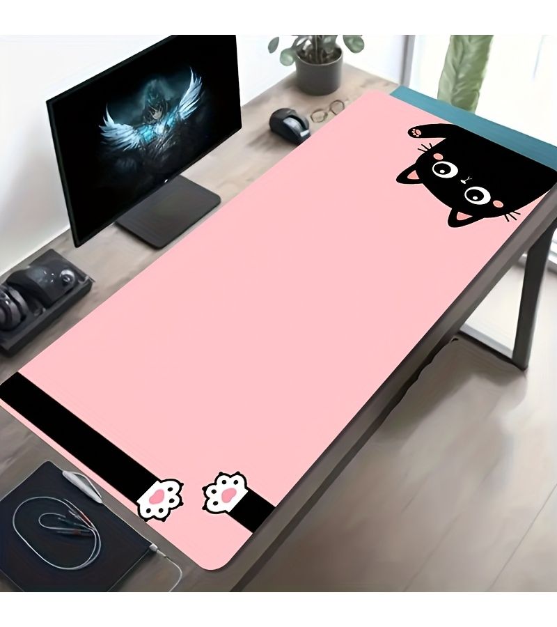 وسادة ماوس كبيرة للألعاب بتصميم وردي ناعم مع قطة سوداء، مقاس 40×90 سم، قاعدة مطاطية غير قابلة للانزلاق - Image 1