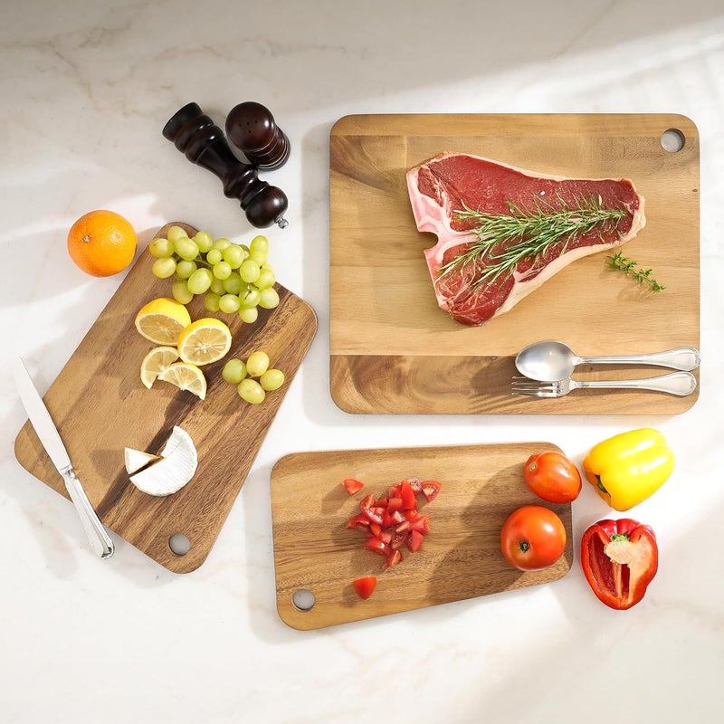 Sango Acacia Cutting Board Set with Slant Edge and Hanging Holes, 3-Piece - Wood Chopping Boards, Stackable & Reversible for Kitchen, Non-Toxic, Perfect as Butcher Block Countertop, Atelier - Image 1