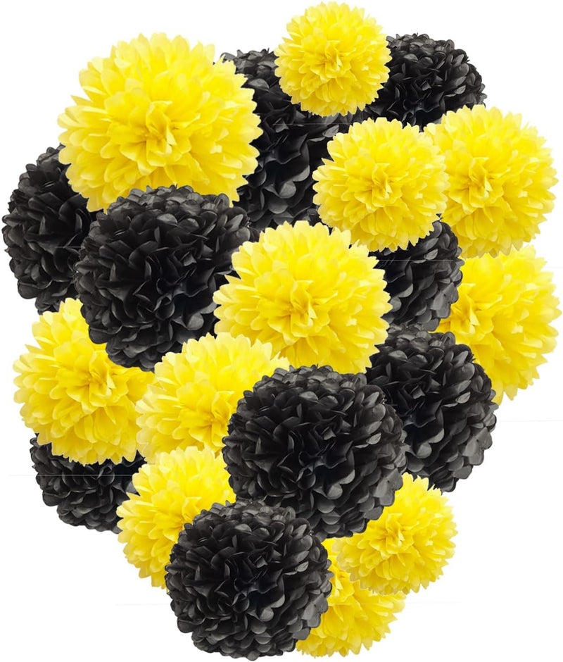 Capesaro Black and Yellow Tissue Paper Pom Poms, 15PCS Tissue Paper Flowers for Birthday Party Decorations, Bee Classroom Decor Wedding Baby Shower Home Decoration - Image 1