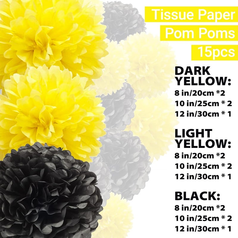 Capesaro Black and Yellow Tissue Paper Pom Poms, 15PCS Tissue Paper Flowers for Birthday Party Decorations, Bee Classroom Decor Wedding Baby Shower Home Decoration - Image 2