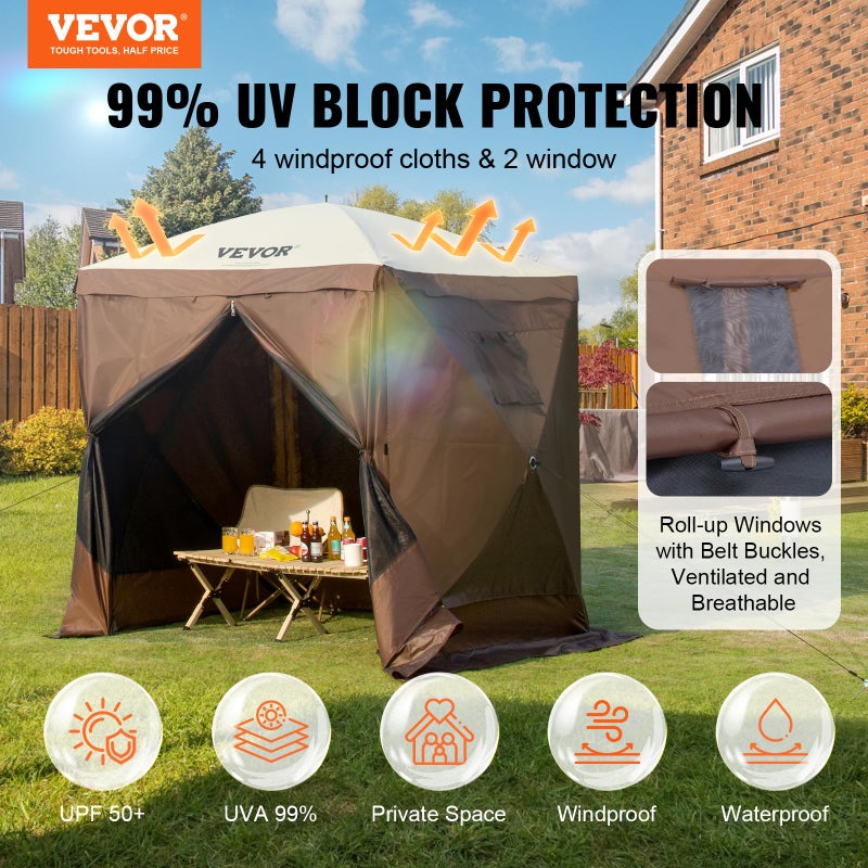 VEVOR Pop Up Gazebo Tent, Pop-Up Screen Tent 4 Sided Canopy Sun Shelter with 4 Removable Privacy Wind Cloths & Mesh Windows, 6x6FT Quick Set Screen Tent with Mosquito Netting, Brown - Image 2