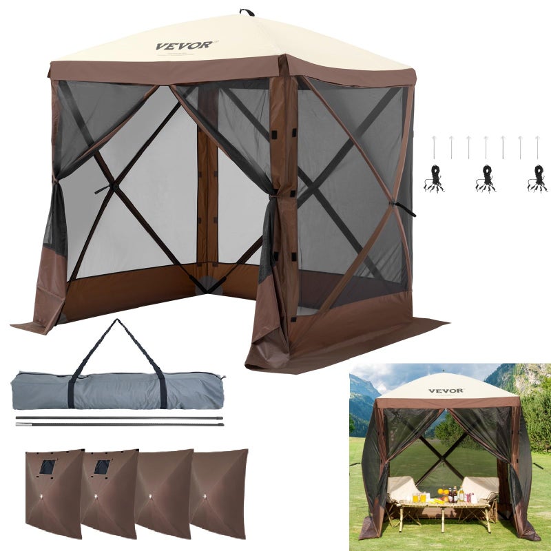 VEVOR Pop Up Gazebo Tent, Pop-Up Screen Tent 4 Sided Canopy Sun Shelter with 4 Removable Privacy Wind Cloths & Mesh Windows, 6x6FT Quick Set Screen Tent with Mosquito Netting, Brown - Image 1
