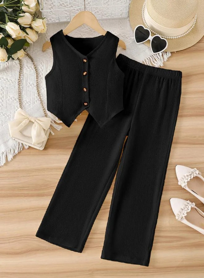 Take Two Girls Black Buttoned Waistcoat and Trousers Set
