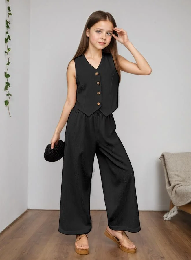 Take Two Girls Black Buttoned Waistcoat and Trousers Set