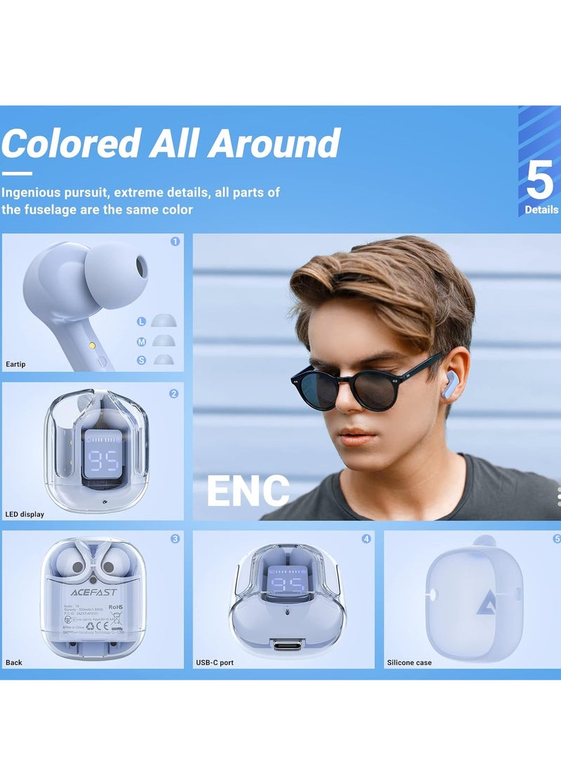 T6 Wireless Earbuds, Bluetooth Headphones with ENC Noise Canceling Translucent Earphones, HiFi Dual Stereo Microphone Mini in-Ear Earbuds with Charging Case and LED Digital Display
