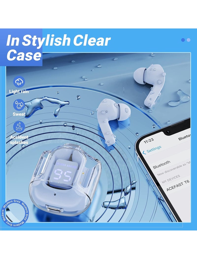 T6 Wireless Earbuds, Bluetooth Headphones with ENC Noise Canceling Translucent Earphones, HiFi Dual Stereo Microphone Mini in-Ear Earbuds with Charging Case and LED Digital Display