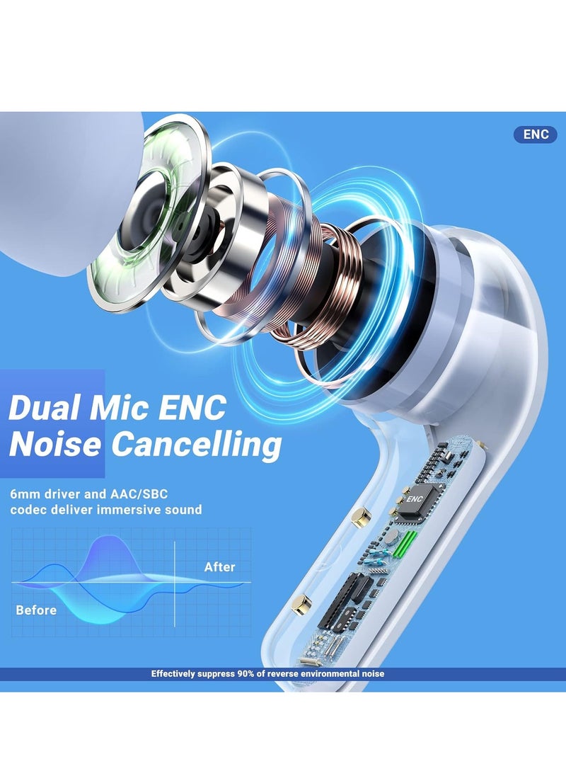 T6 Wireless Earbuds, Bluetooth Headphones with ENC Noise Canceling Translucent Earphones, HiFi Dual Stereo Microphone Mini in-Ear Earbuds with Charging Case and LED Digital Display