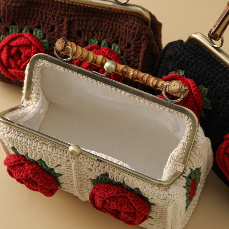 Republic Of China Style Creative Hand-Woven Gold Bamboo Bag Season 2 Big Rose Handbag Camellia Knitted Bag - Image 3