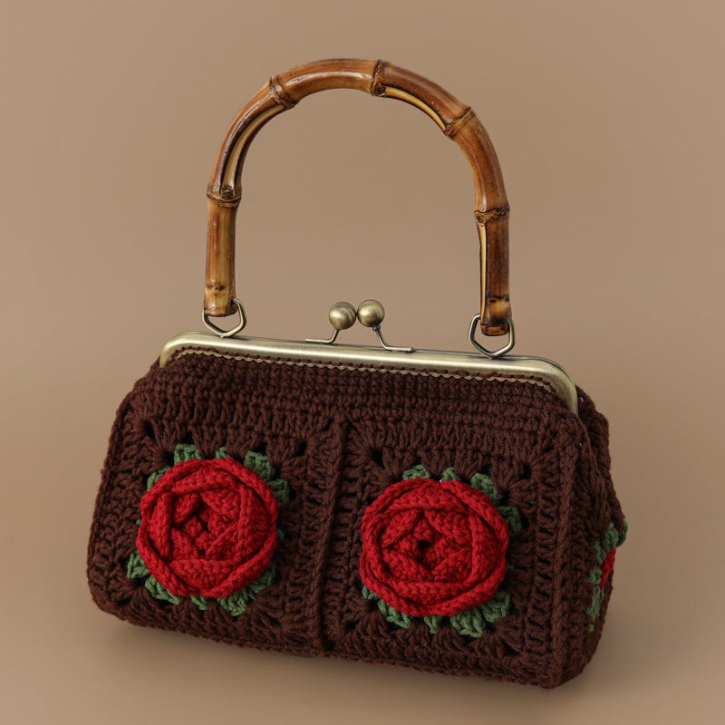 Republic Of China Style Creative Hand-Woven Gold Bamboo Bag Season 2 Big Rose Handbag Camellia Knitted Bag - Image 1