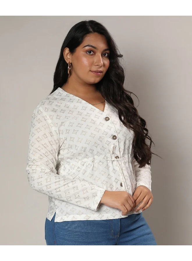 Instafab Plus Women's Ivory White Geometric Printed Top