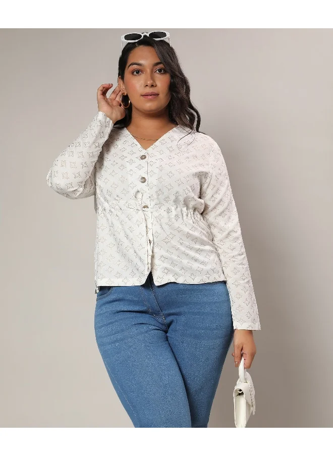 Instafab Plus Women's Ivory White Geometric Printed Top