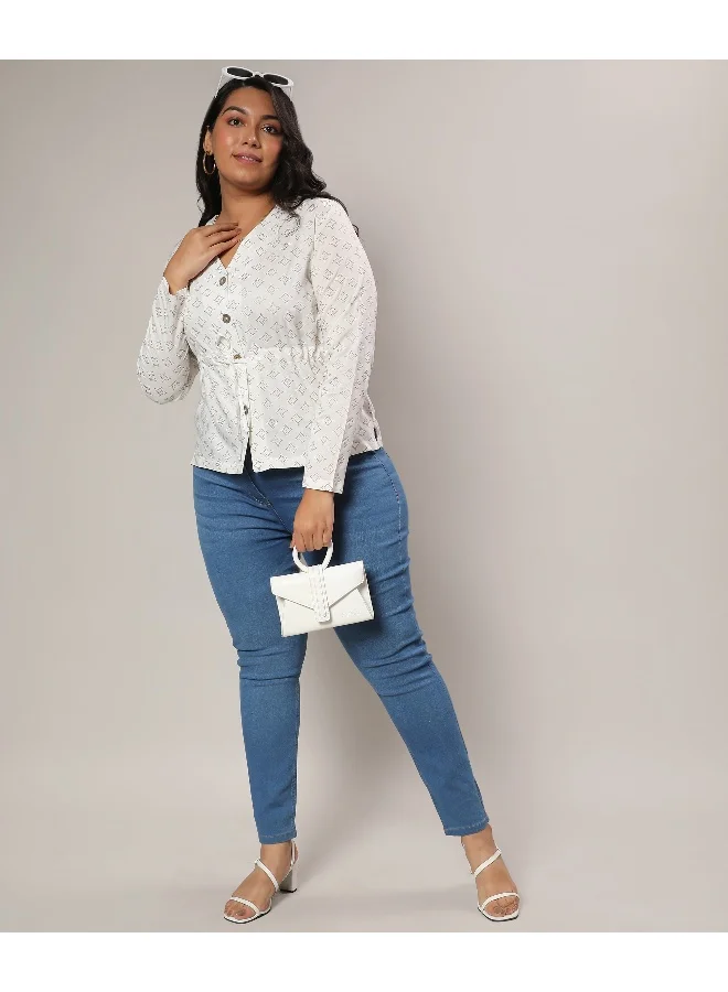 Instafab Plus Women's Ivory White Geometric Printed Top