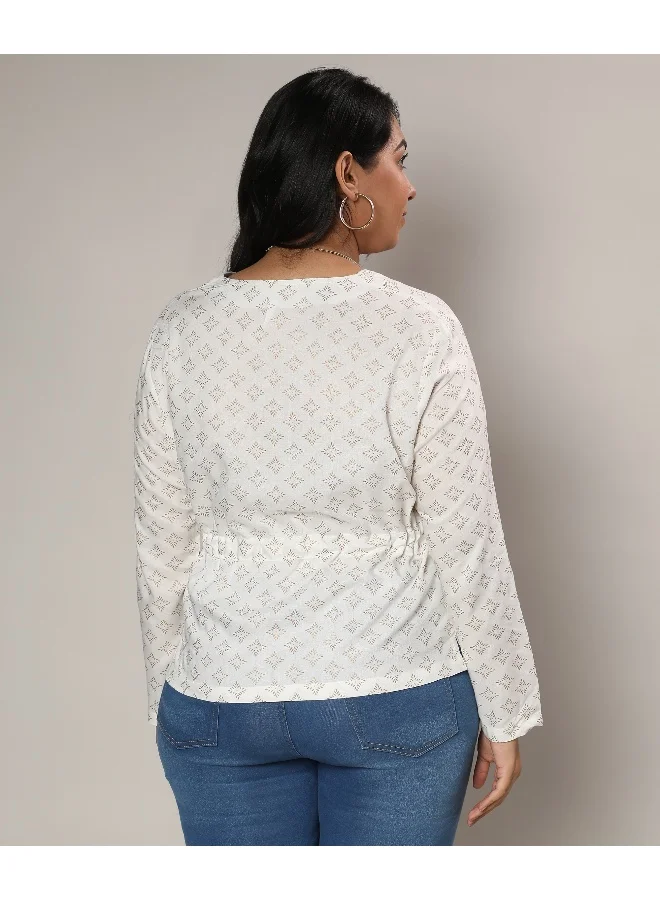 Instafab Plus Women's Ivory White Geometric Printed Top