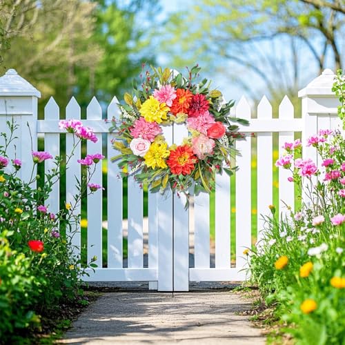 Montekin 24" Dahlia Spring Summer Wreath for Front Door Outside, Peony and Rose Artificial Flower Wreath with Green Leaves, Bright Colorful Farmhouse Floral Decor for Porch Wedding Indoor Outdoor - Image 5