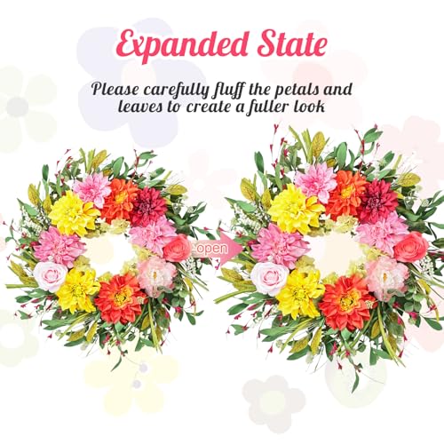 Montekin 24" Dahlia Spring Summer Wreath for Front Door Outside, Peony and Rose Artificial Flower Wreath with Green Leaves, Bright Colorful Farmhouse Floral Decor for Porch Wedding Indoor Outdoor - Image 3