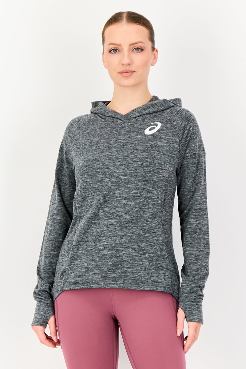 asics Women Brand Logo Long Sleeve Hoodie, Heather Dark Grey - Image 1