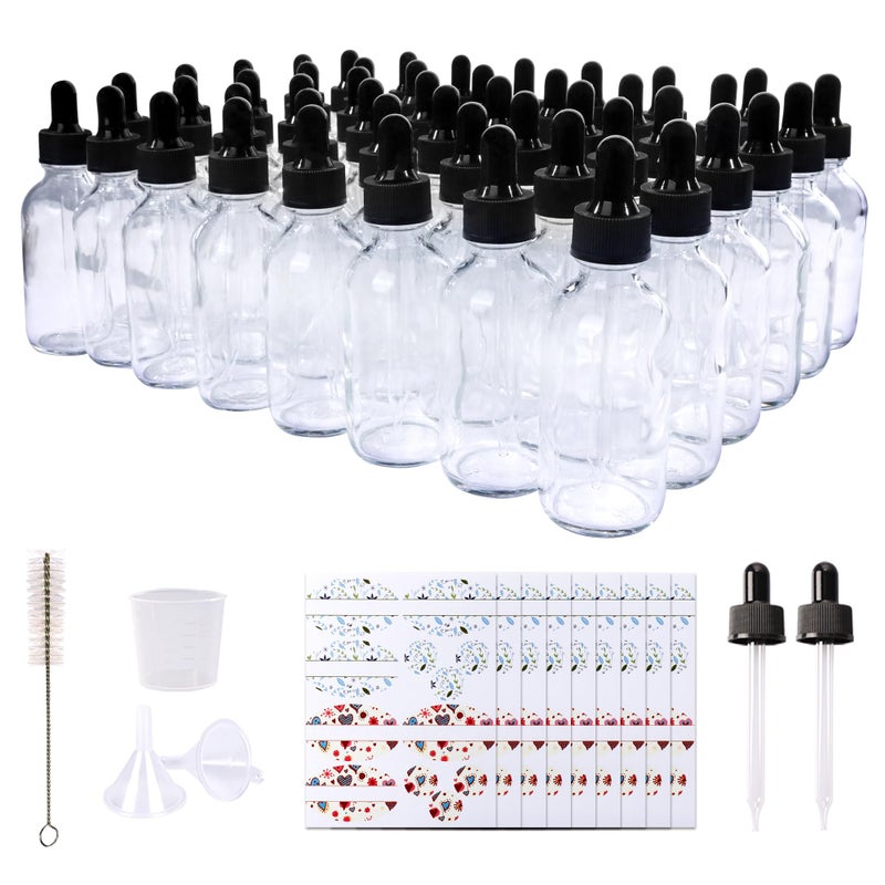 Comrzor 48 Pack 2Oz Clear Glass Bottles With Glass Eye Droppers For Essential Oils  Perfumes & Lab Chemicals (Brush  Funnels  2 Extra Droppers  54 Pieces Labels & 30Ml Measuring Cup Included) - Image 1