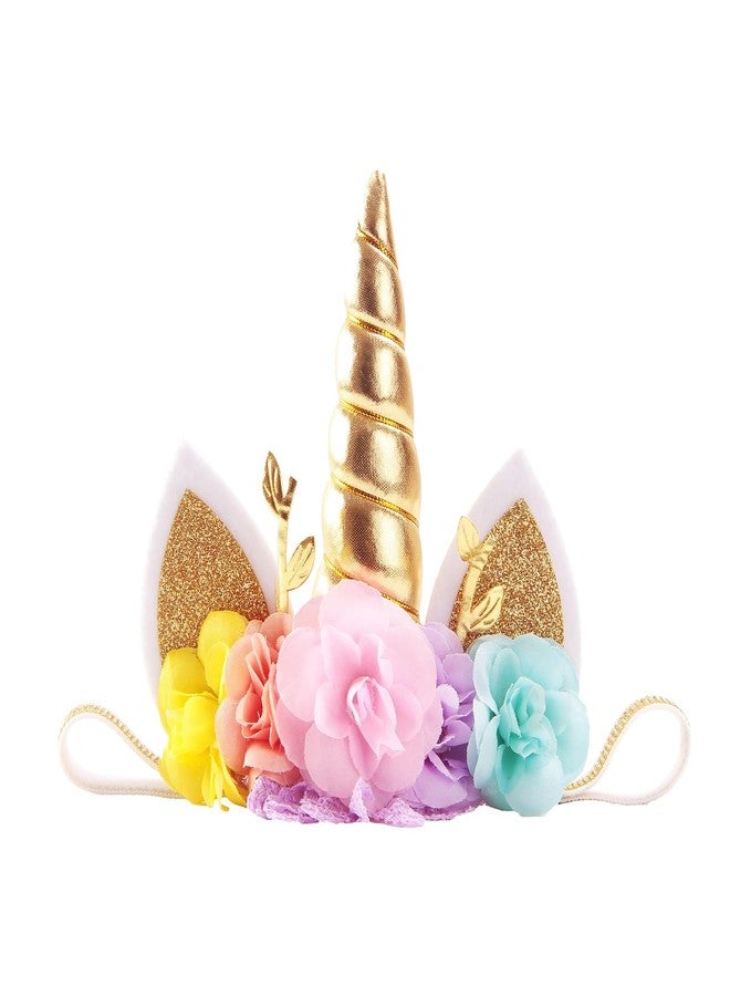 Nishine Roses Floral Unicorn Horn Headband Elastic Baby Girls Unicorn Hairband Party Supplies (Gold&Pink) - Image 1