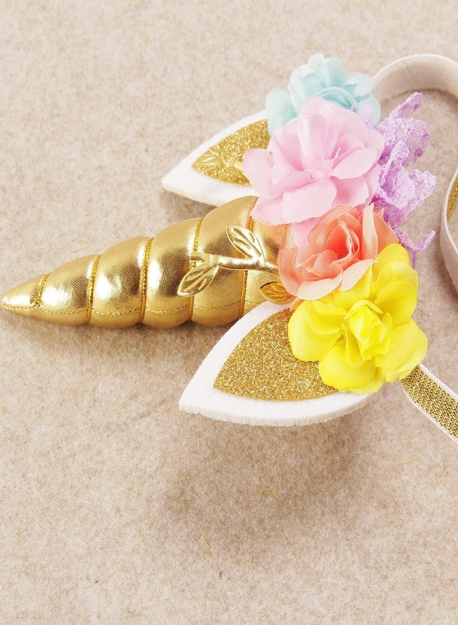 Nishine Roses Floral Unicorn Horn Headband Elastic Baby Girls Unicorn Hairband Party Supplies (Gold&Pink) - Image 3