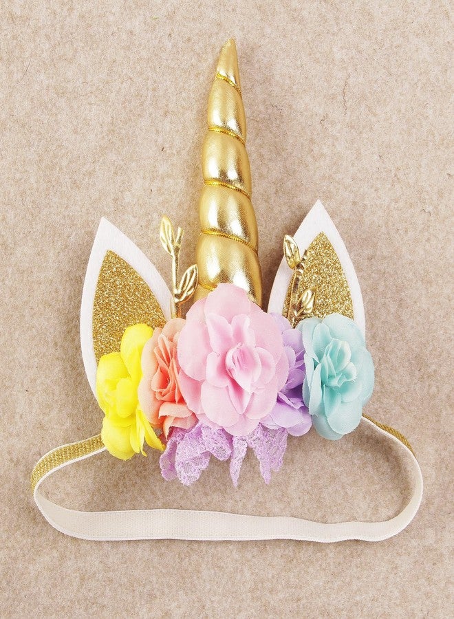 Nishine Roses Floral Unicorn Horn Headband Elastic Baby Girls Unicorn Hairband Party Supplies (Gold&Pink) - Image 2