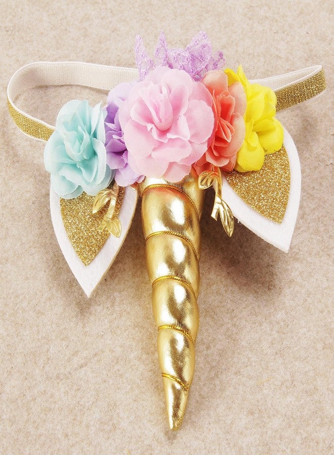 Nishine Roses Floral Unicorn Horn Headband Elastic Baby Girls Unicorn Hairband Party Supplies (Gold&Pink) - Image 5