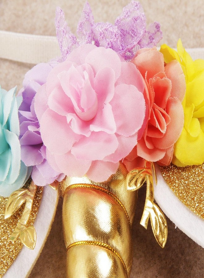 Nishine Roses Floral Unicorn Horn Headband Elastic Baby Girls Unicorn Hairband Party Supplies (Gold&Pink) - Image 4