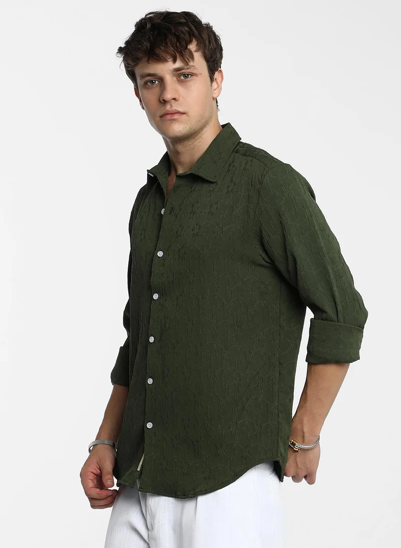 Campus Sutra Men's Forest Green Floral-Textured Shirt