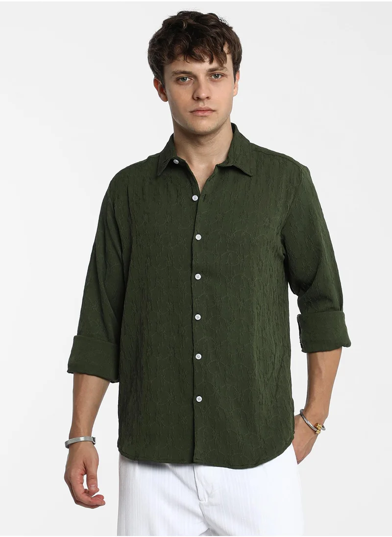 Campus Sutra Men's Forest Green Floral-Textured Shirt